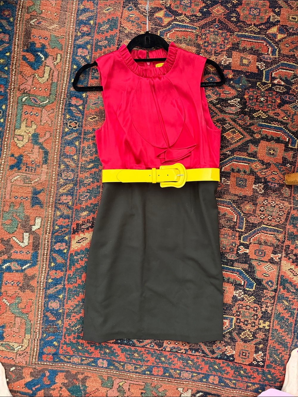 Alice + Olivia Red Bodice Black Skirt Ruffle Neck Mini Dress